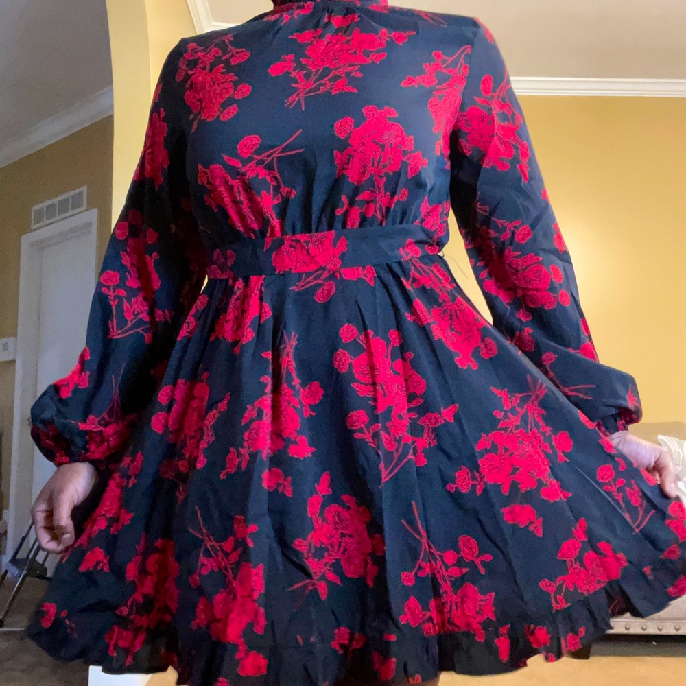 Red and Black Floral Flare Dress